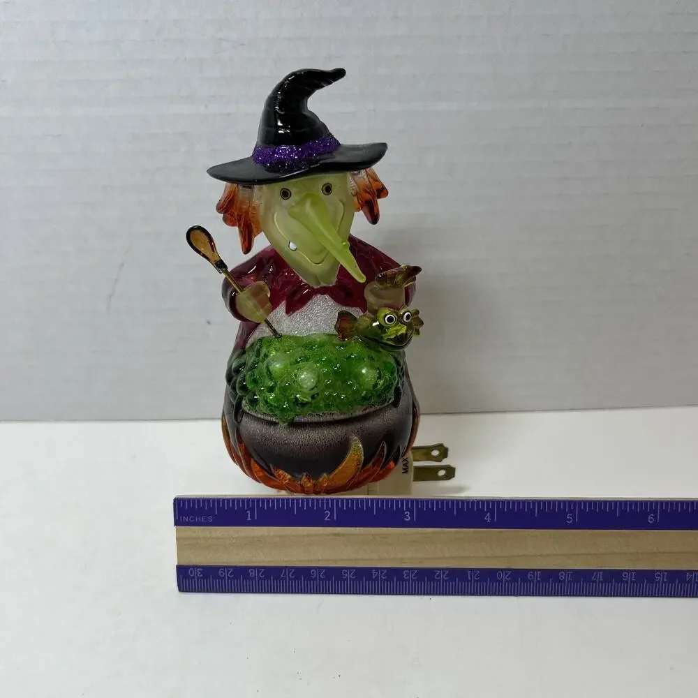 Colorful Translucent Witch Holding Spoon & Fish & Green Bubbling Brew Nightlight